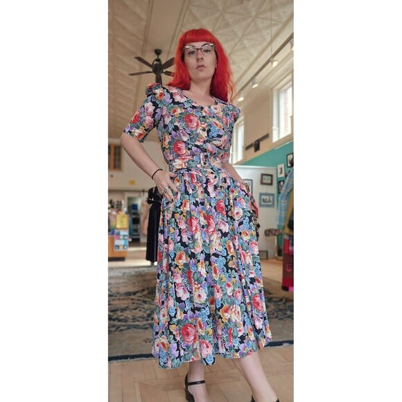 VTG 1980s RGY Black Colorful Cabbage Rose Basque Waist Princess Cotton Sundress - Picture 10 of 11